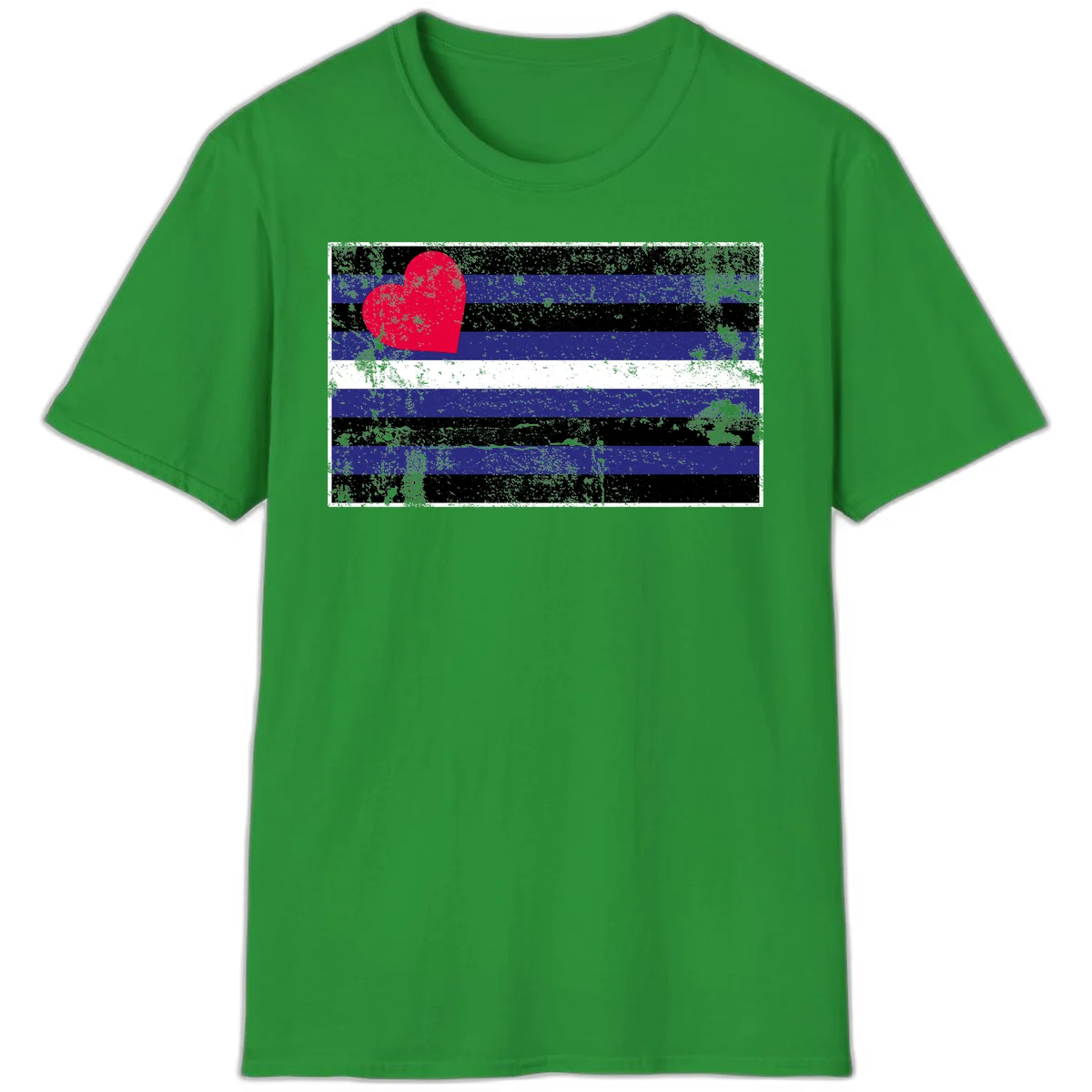Red heart with blue, black, and white horizontal stripes in distressed grunge style pride design in Irish Green