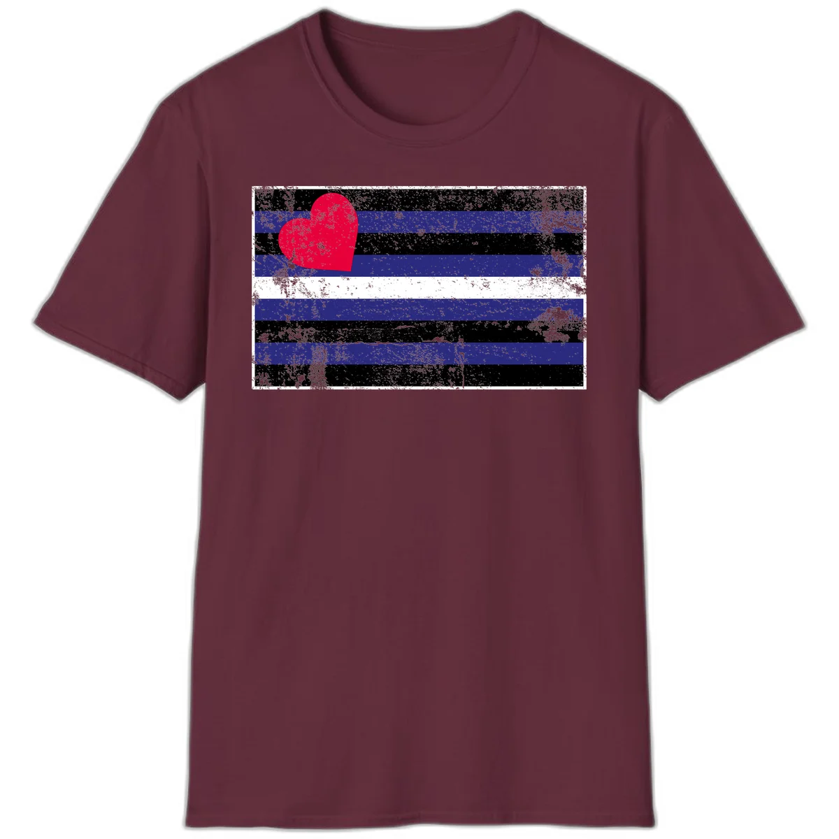 Red heart with blue, black, and white horizontal stripes in distressed grunge style pride design in Maroon
