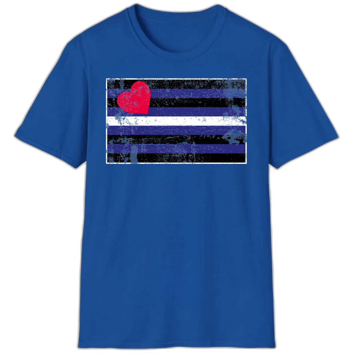 Red heart with blue, black, and white horizontal stripes in distressed grunge style pride design in Royal
