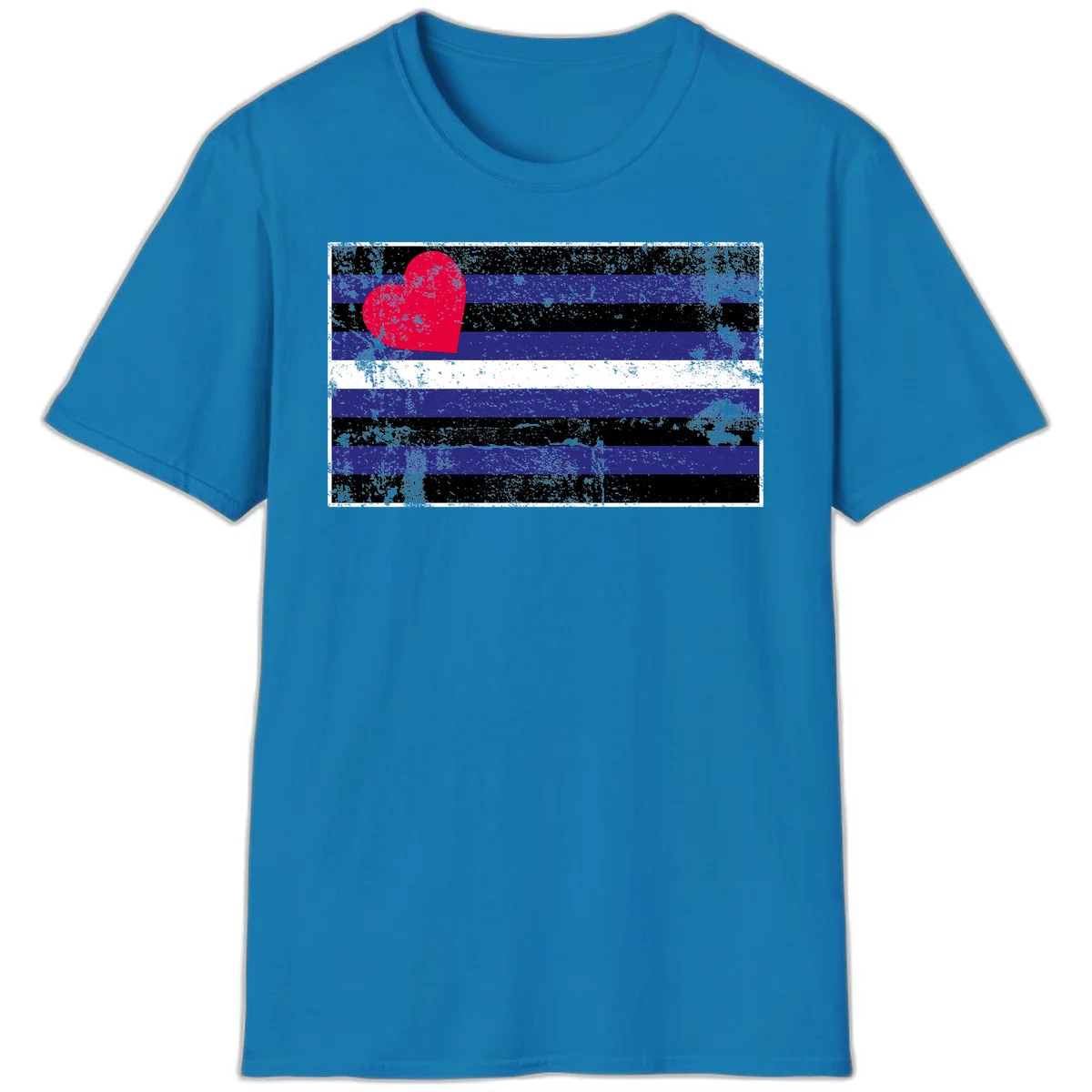 Red heart with blue, black, and white horizontal stripes in distressed grunge style pride design in Sapphire