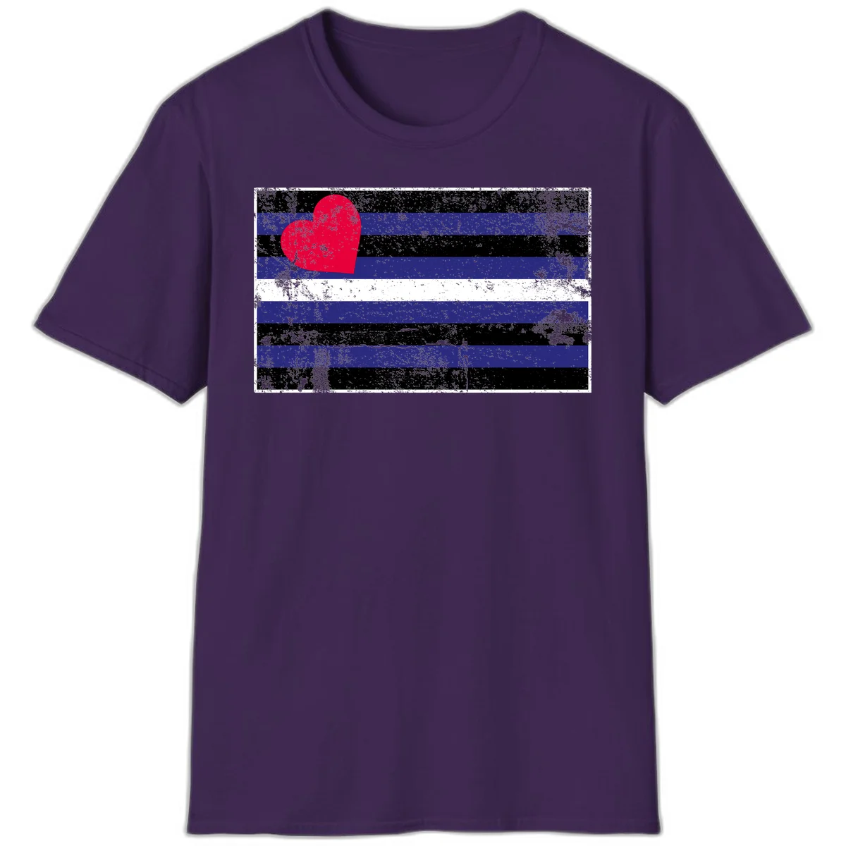 Red heart with blue, black, and white horizontal stripes in distressed grunge style pride design in Purple