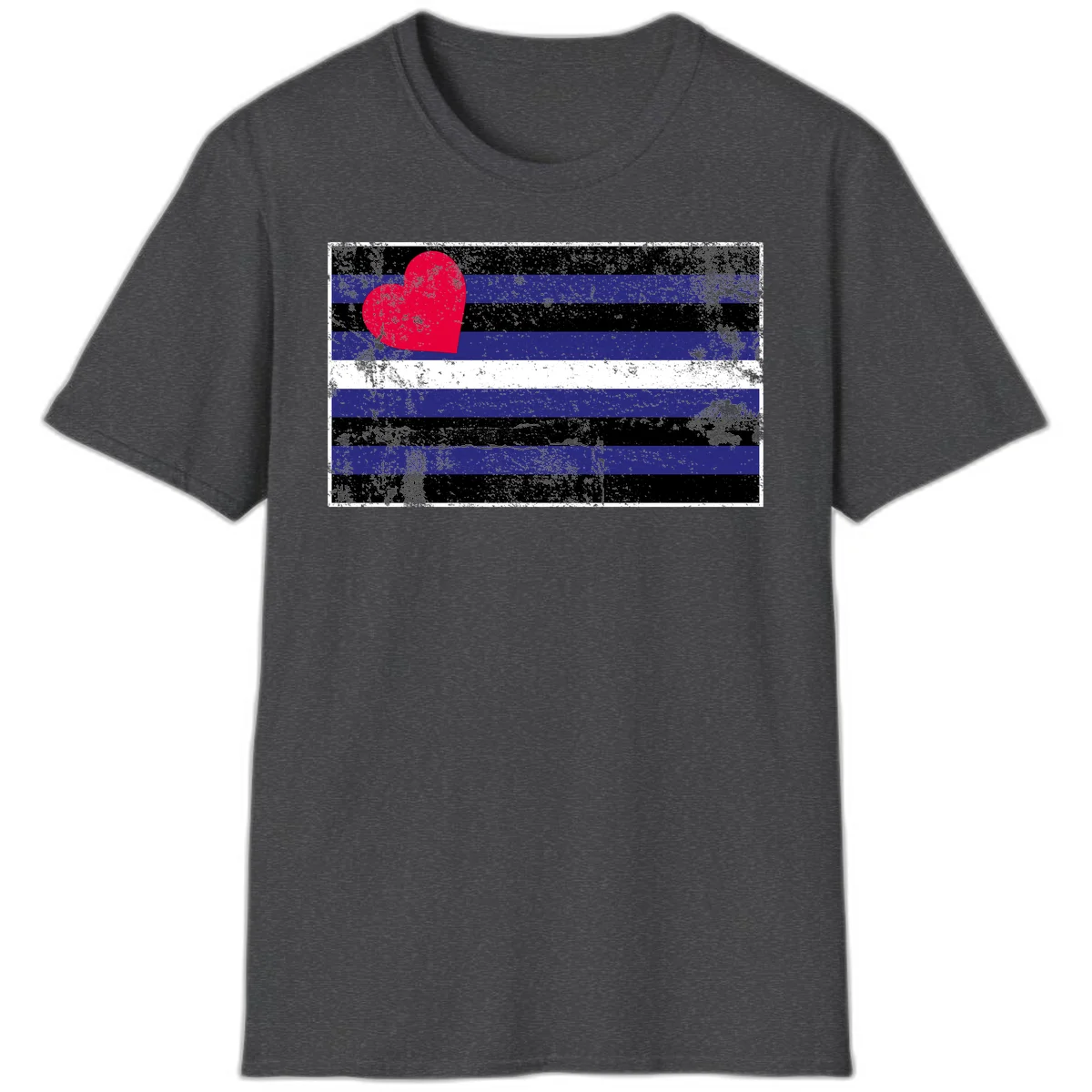 Red heart with blue, black, and white horizontal stripes in distressed grunge style pride design in Dark Heather