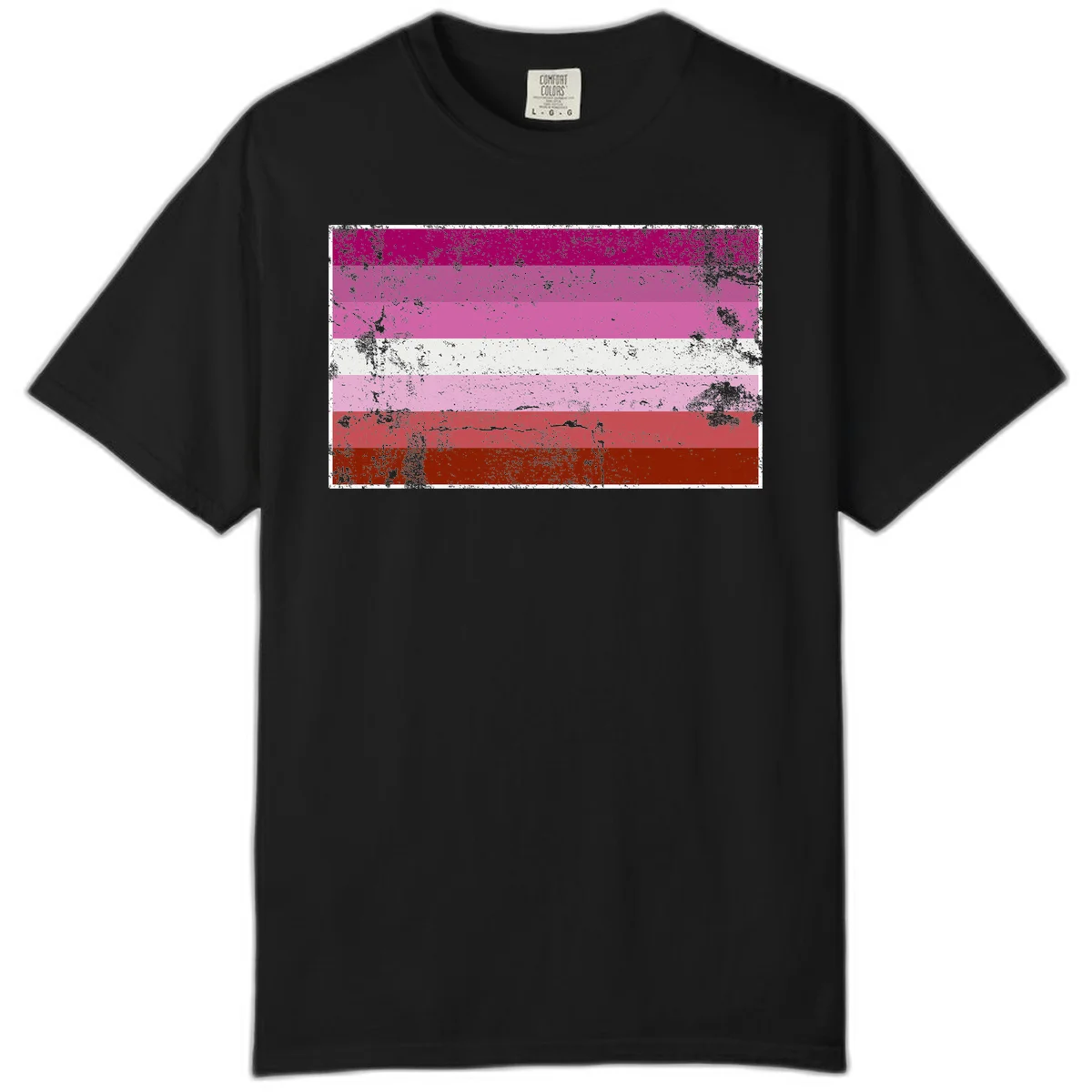 Distressed lesbian pride flag with seven horizontal stripes in magenta, pink, white, and red tones with grunge texture overlay in Black