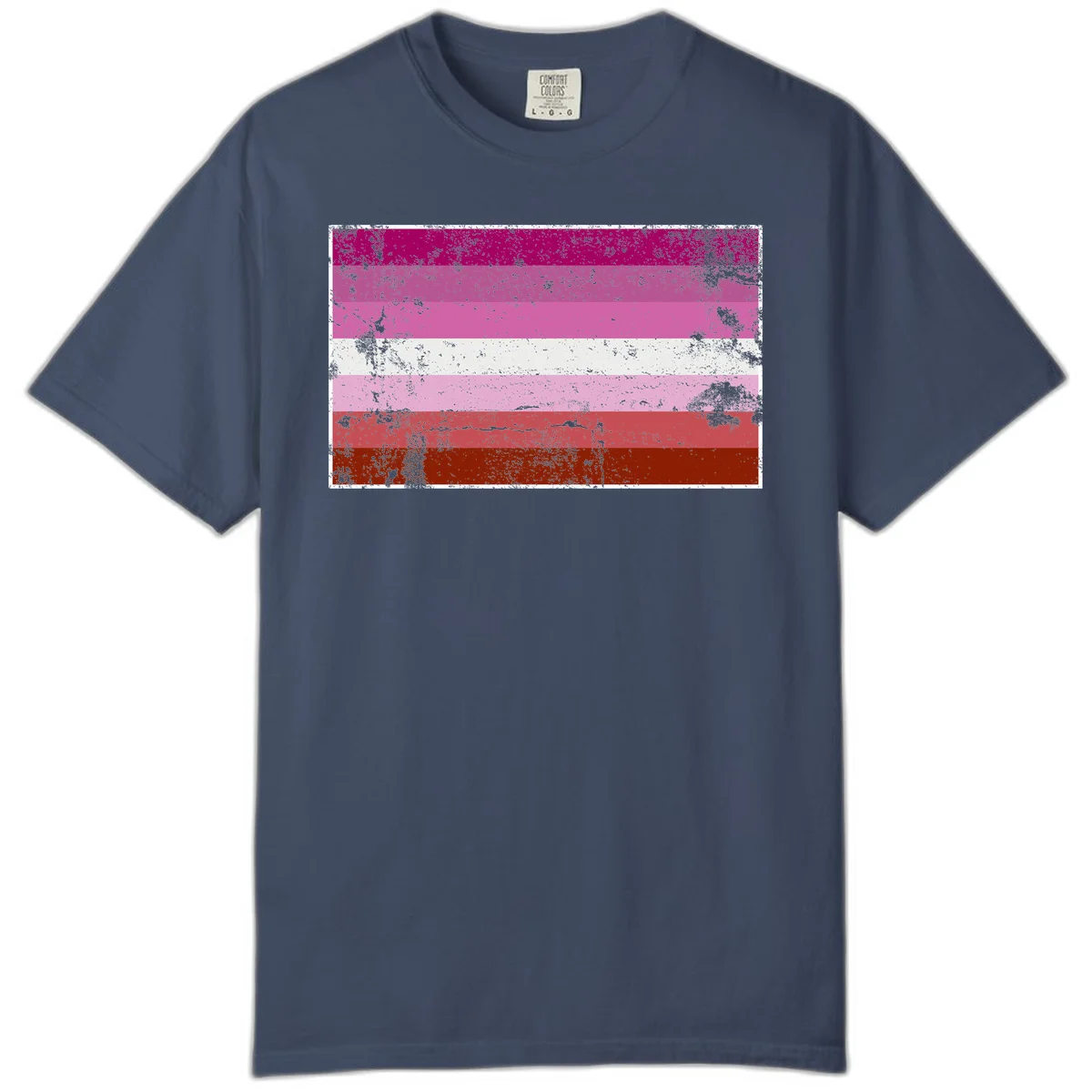 Distressed lesbian pride flag with seven horizontal stripes in magenta, pink, white, and red tones with grunge texture overlay in Midnight