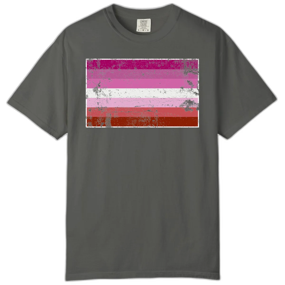 Distressed lesbian pride flag with seven horizontal stripes in magenta, pink, white, and red tones with grunge texture overlay in Pepper