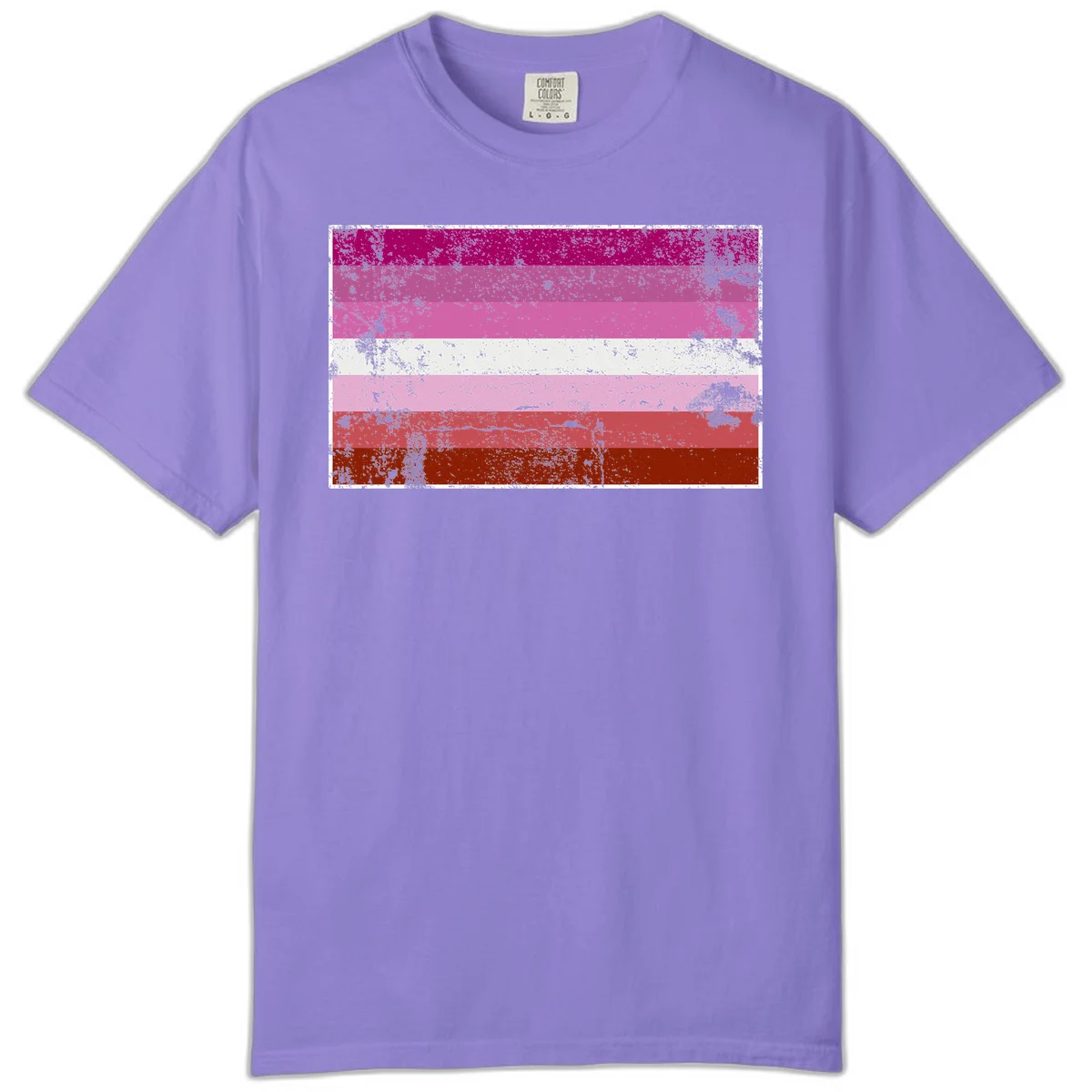 Distressed lesbian pride flag with seven horizontal stripes in magenta, pink, white, and red tones with grunge texture overlay in Violet