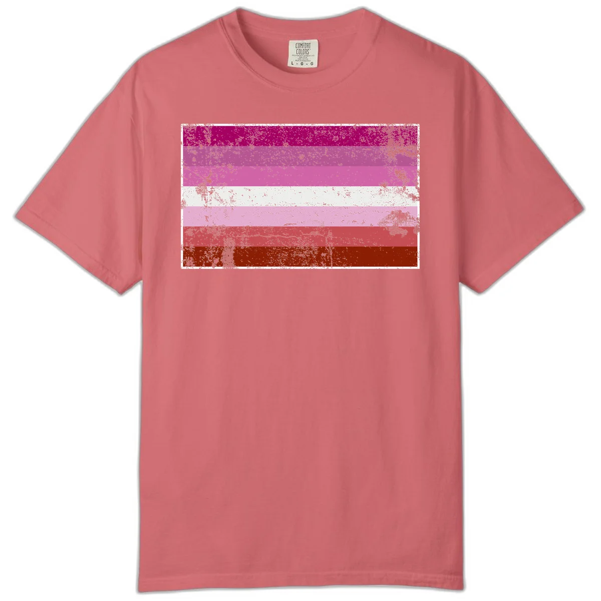 Distressed lesbian pride flag with seven horizontal stripes in magenta, pink, white, and red tones with grunge texture overlay in Watermelon
