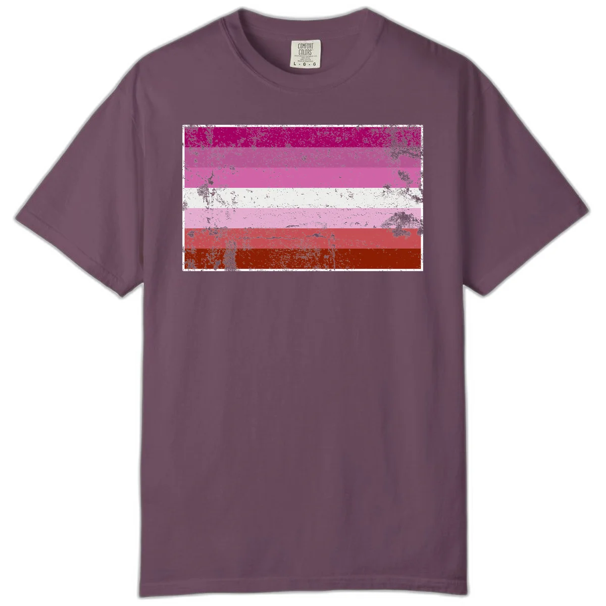 Distressed lesbian pride flag with seven horizontal stripes in magenta, pink, white, and red tones with grunge texture overlay in Berry
