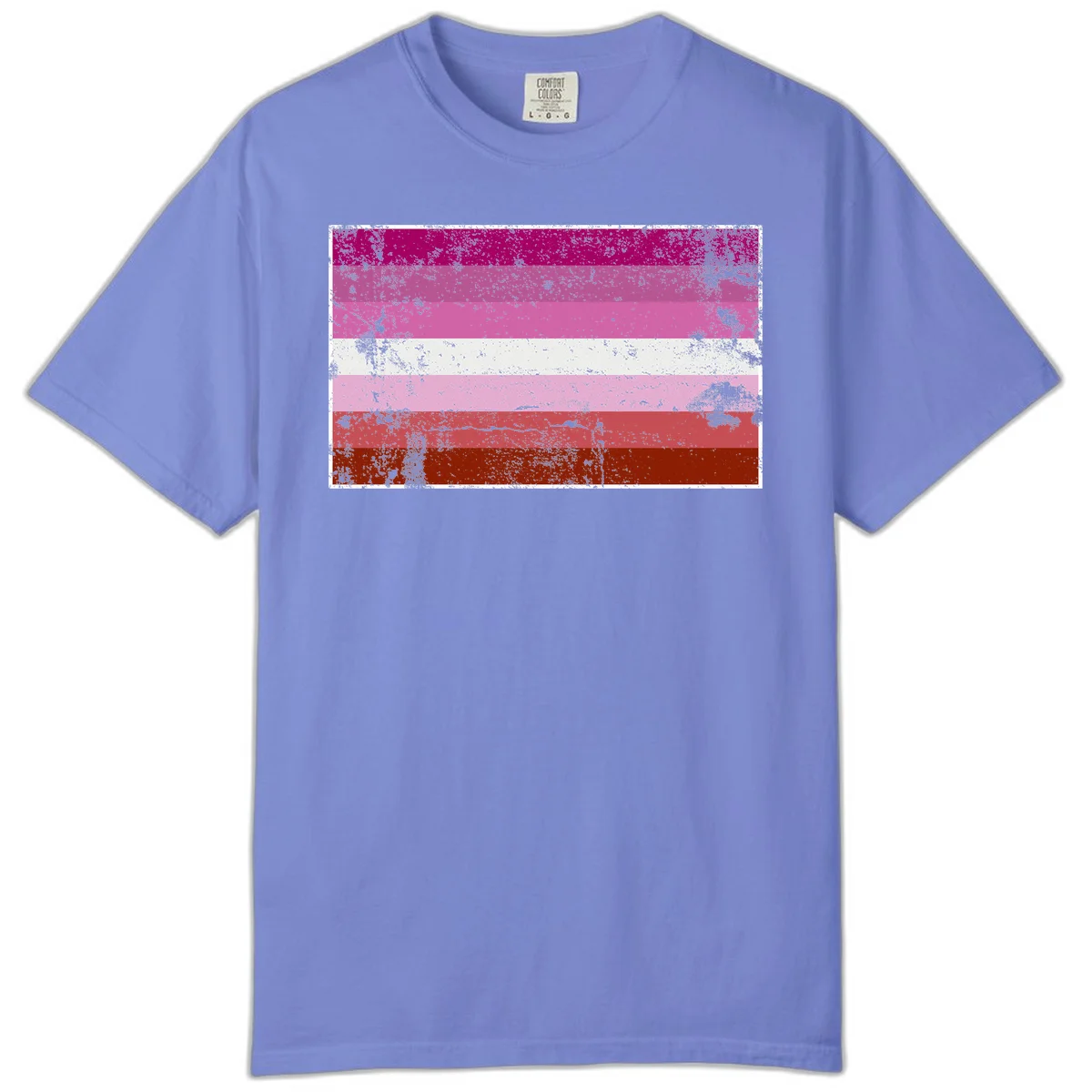 Distressed lesbian pride flag with seven horizontal stripes in magenta, pink, white, and red tones with grunge texture overlay in Flo Blue
