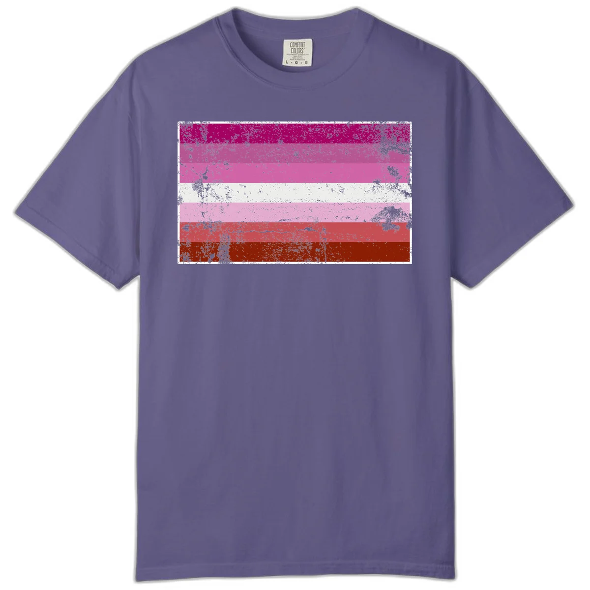 Distressed lesbian pride flag with seven horizontal stripes in magenta, pink, white, and red tones with grunge texture overlay in Grape