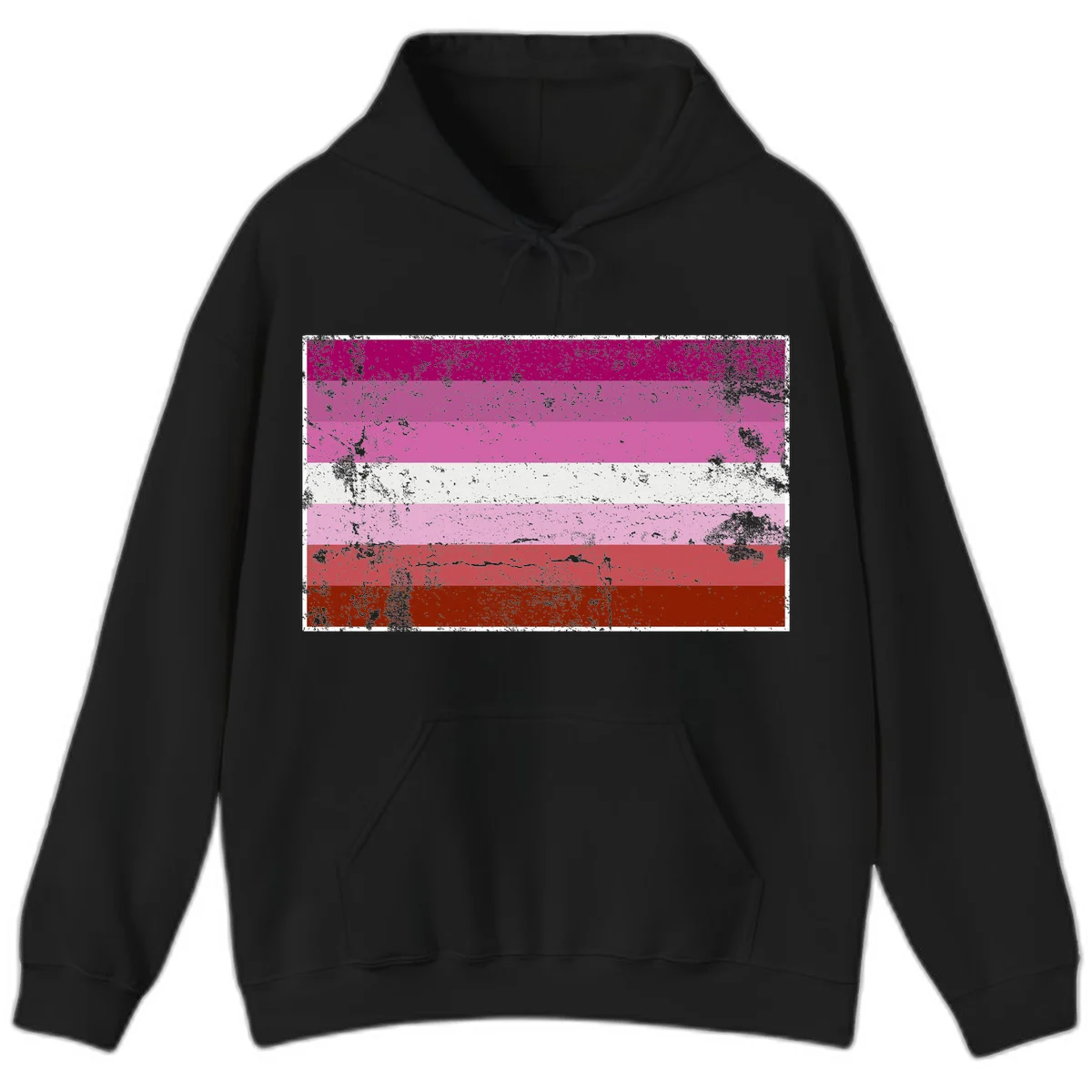 Distressed lesbian pride flag with seven horizontal stripes in magenta, pink, white, and red tones with grunge texture overlay in Black