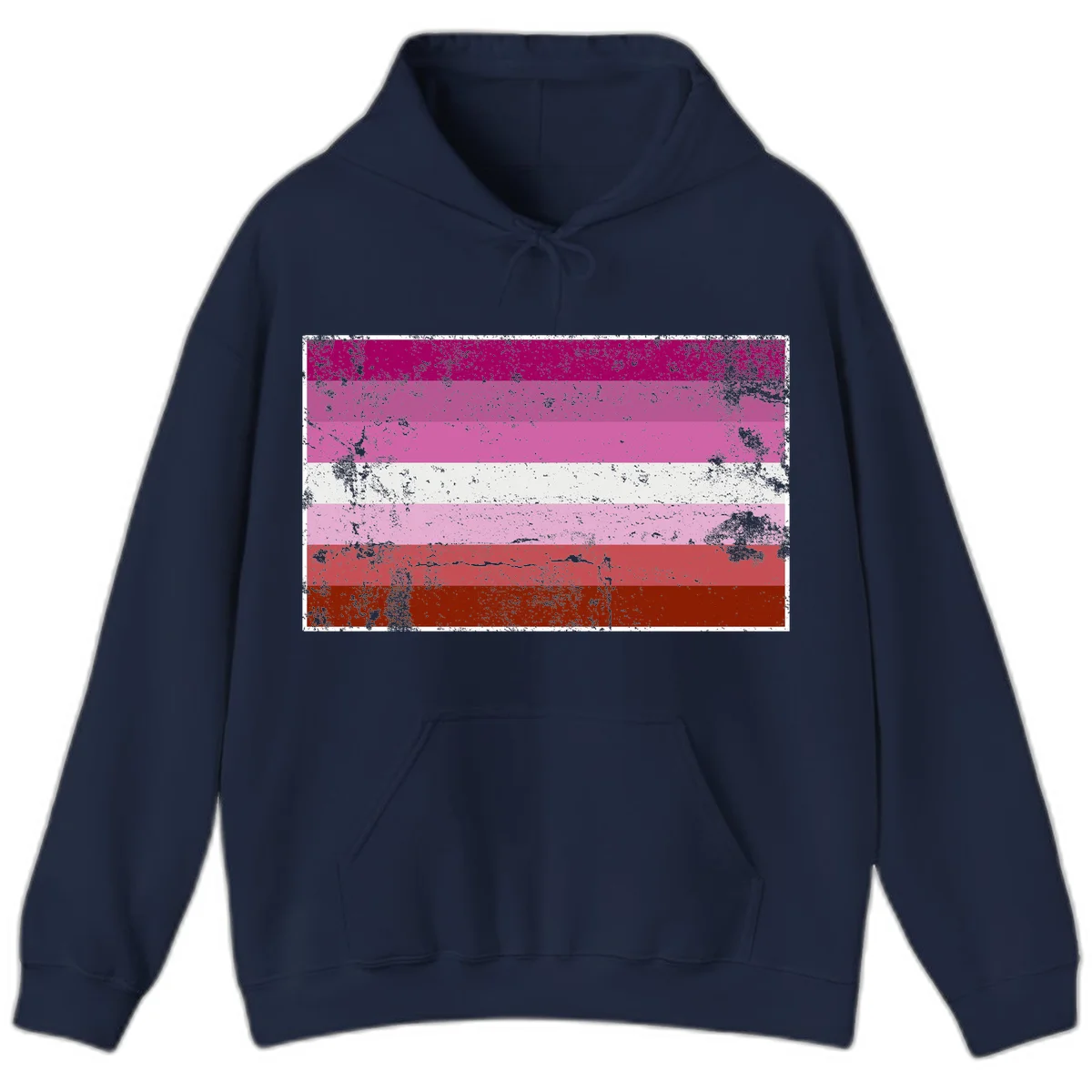 Distressed lesbian pride flag with seven horizontal stripes in magenta, pink, white, and red tones with grunge texture overlay in Navy