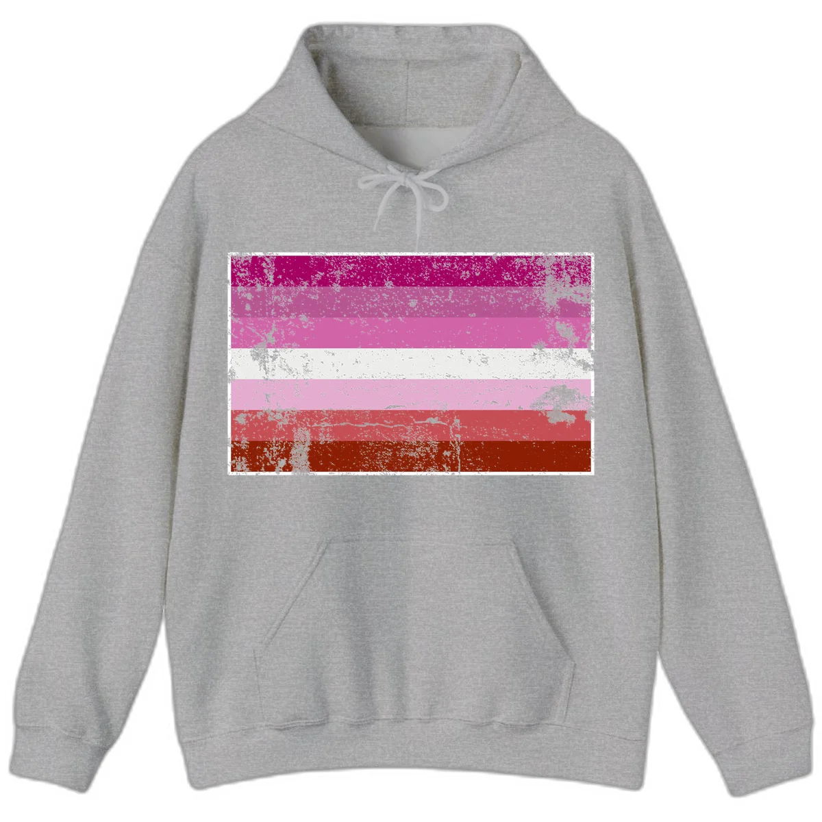 Distressed lesbian pride flag with seven horizontal stripes in magenta, pink, white, and red tones with grunge texture overlay in Sport Grey