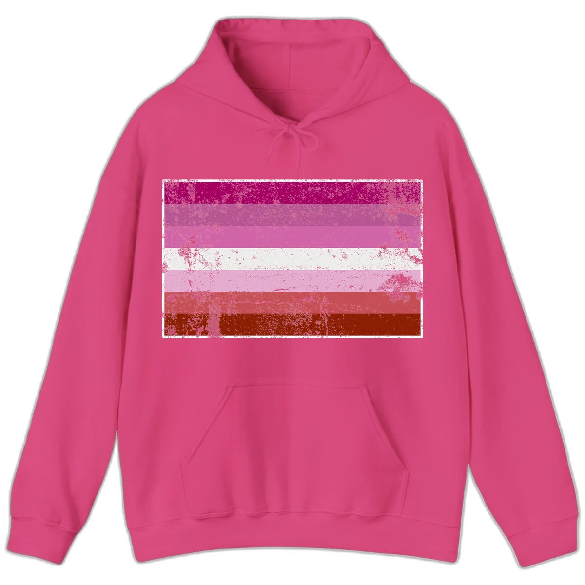 Distressed lesbian pride flag with seven horizontal stripes in magenta, pink, white, and red tones with grunge texture overlay in Heliconia