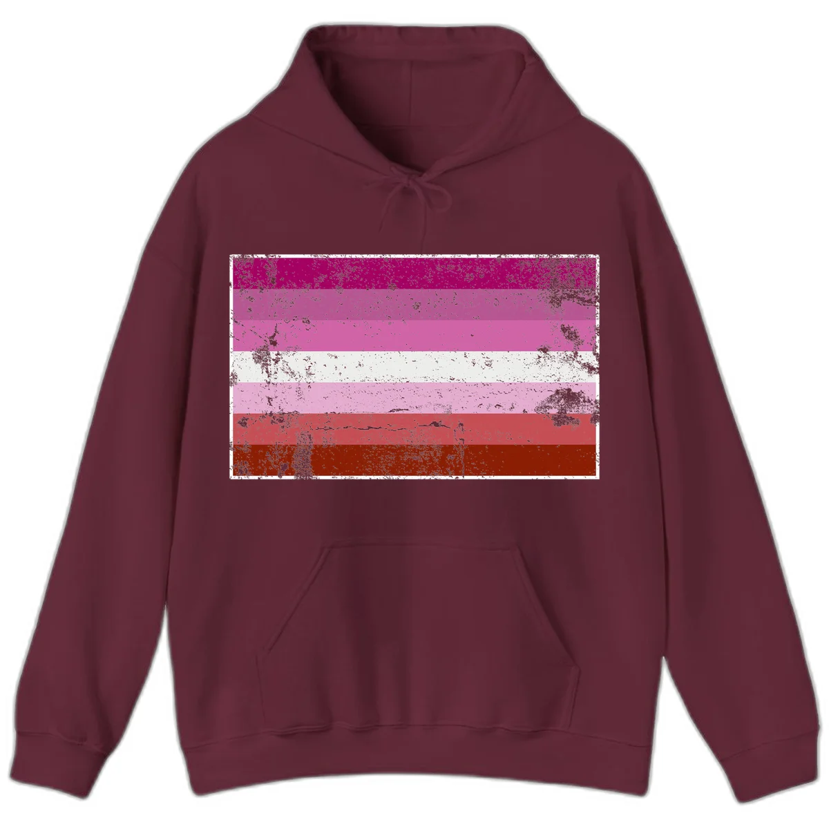 Distressed lesbian pride flag with seven horizontal stripes in magenta, pink, white, and red tones with grunge texture overlay in Maroon