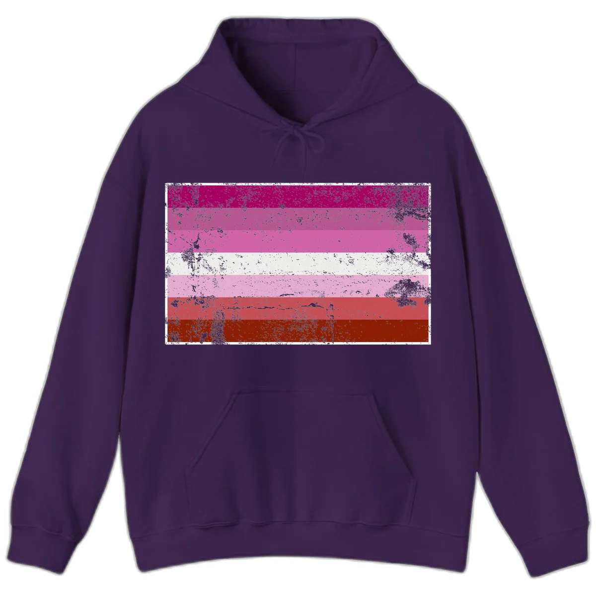 Distressed lesbian pride flag with seven horizontal stripes in magenta, pink, white, and red tones with grunge texture overlay in Purple