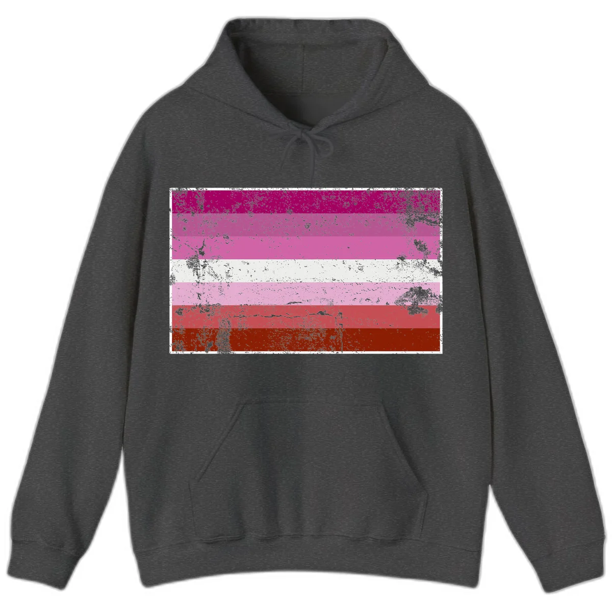 Distressed lesbian pride flag with seven horizontal stripes in magenta, pink, white, and red tones with grunge texture overlay in Dark Heather