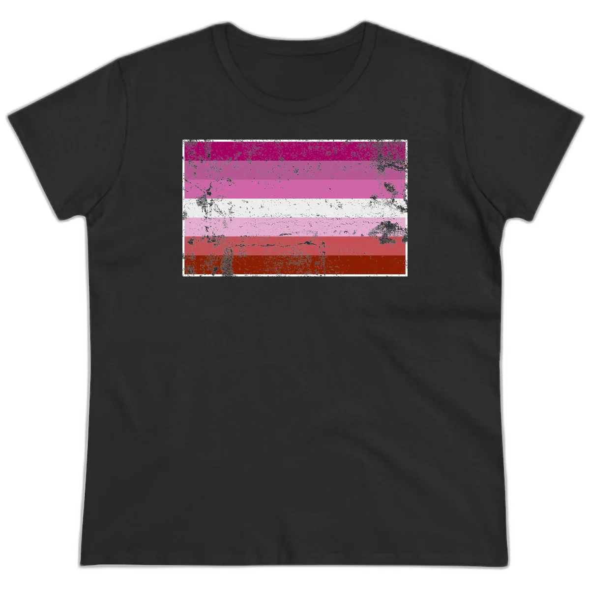 Distressed lesbian pride flag with seven horizontal stripes in magenta, pink, white, and red tones with grunge texture overlay in Black
