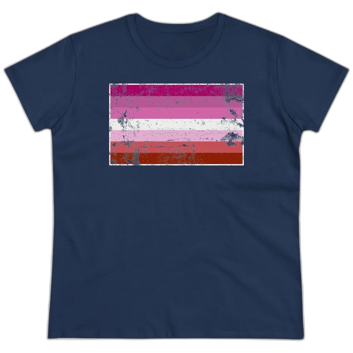 Distressed lesbian pride flag with seven horizontal stripes in magenta, pink, white, and red tones with grunge texture overlay in Navy