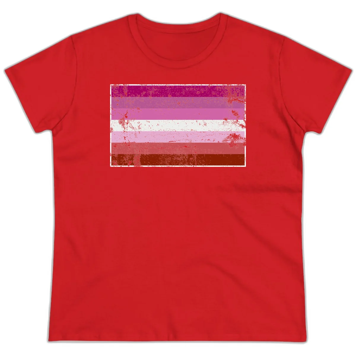 Distressed lesbian pride flag with seven horizontal stripes in magenta, pink, white, and red tones with grunge texture overlay in Red