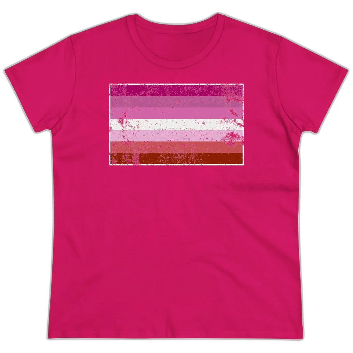 Distressed lesbian pride flag with seven horizontal stripes in magenta, pink, white, and red tones with grunge texture overlay in Heliconia
