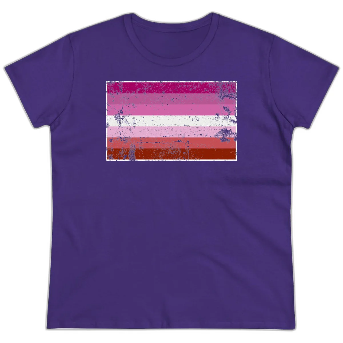 Distressed lesbian pride flag with seven horizontal stripes in magenta, pink, white, and red tones with grunge texture overlay in Purple