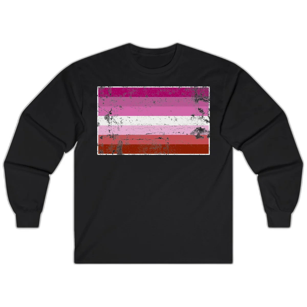 Distressed lesbian pride flag with seven horizontal stripes in magenta, pink, white, and red tones with grunge texture overlay in Black
