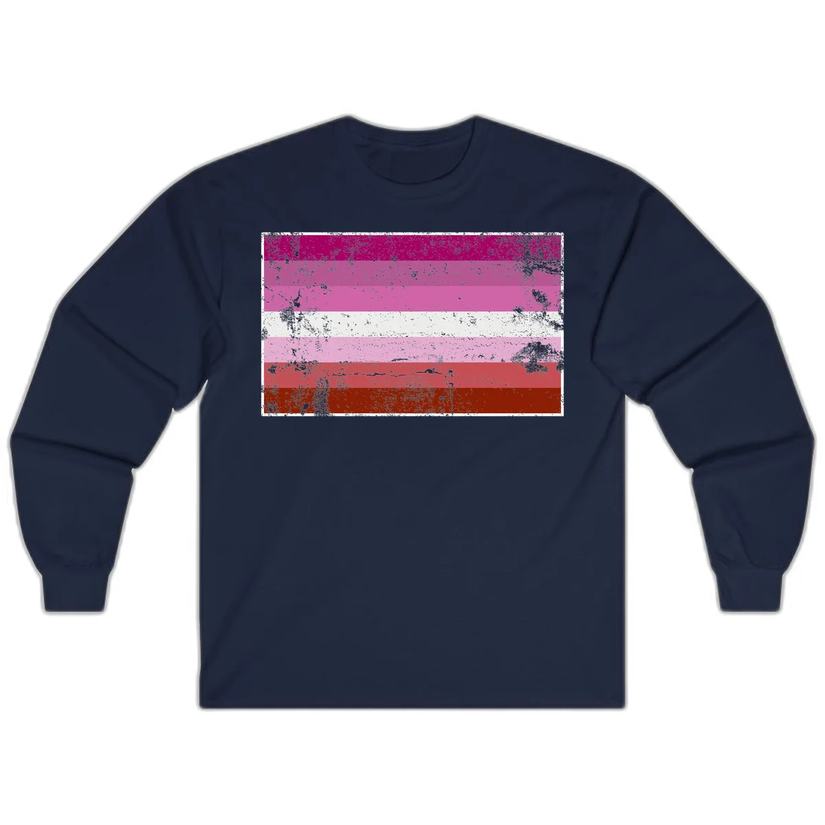 Distressed lesbian pride flag with seven horizontal stripes in magenta, pink, white, and red tones with grunge texture overlay in Navy