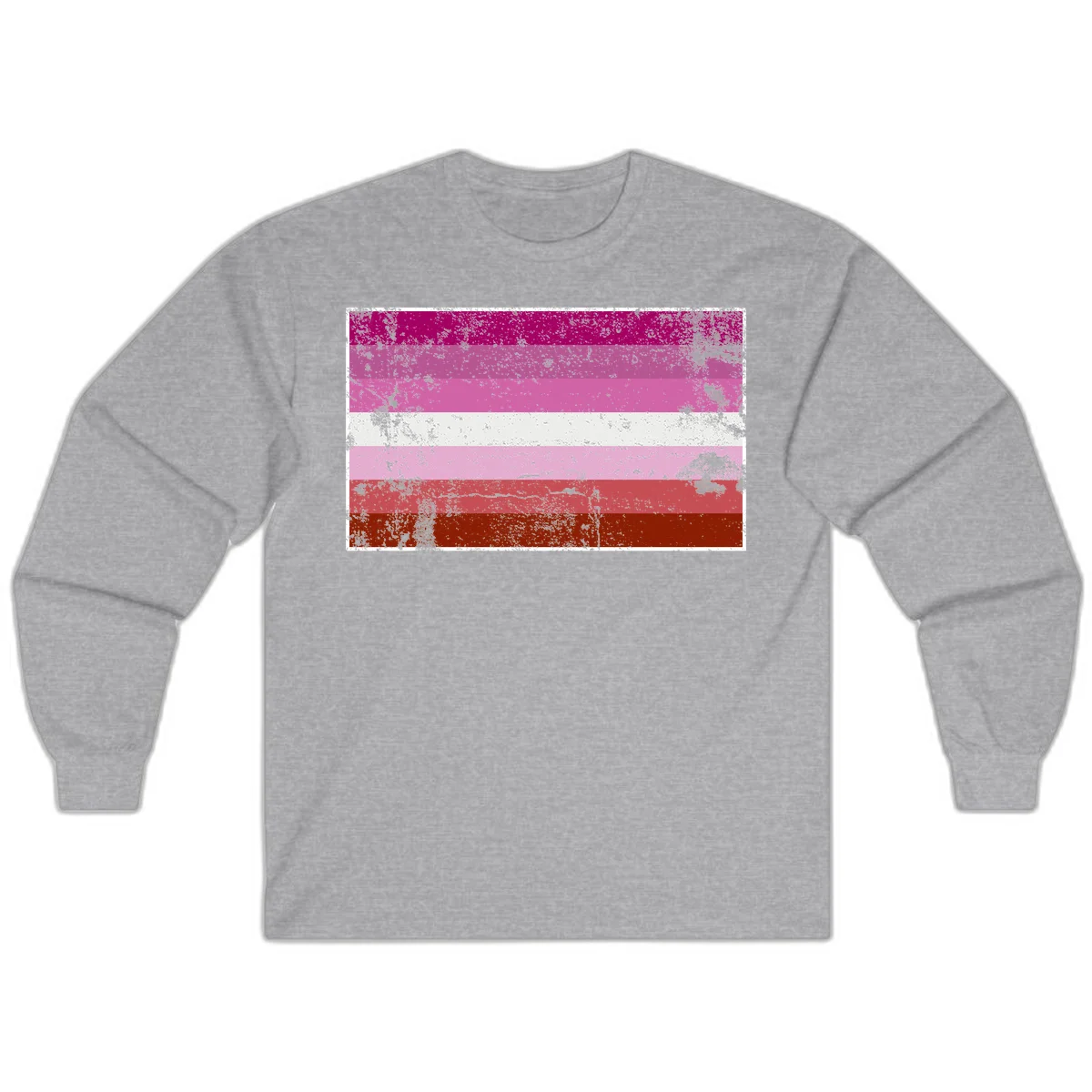 Distressed lesbian pride flag with seven horizontal stripes in magenta, pink, white, and red tones with grunge texture overlay in Sport Grey