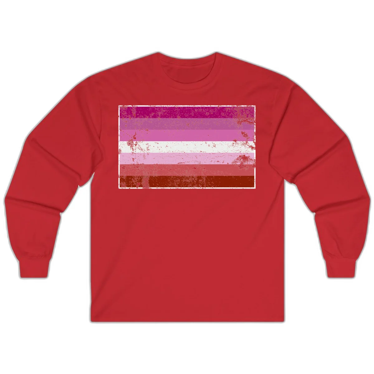 Distressed lesbian pride flag with seven horizontal stripes in magenta, pink, white, and red tones with grunge texture overlay in Red