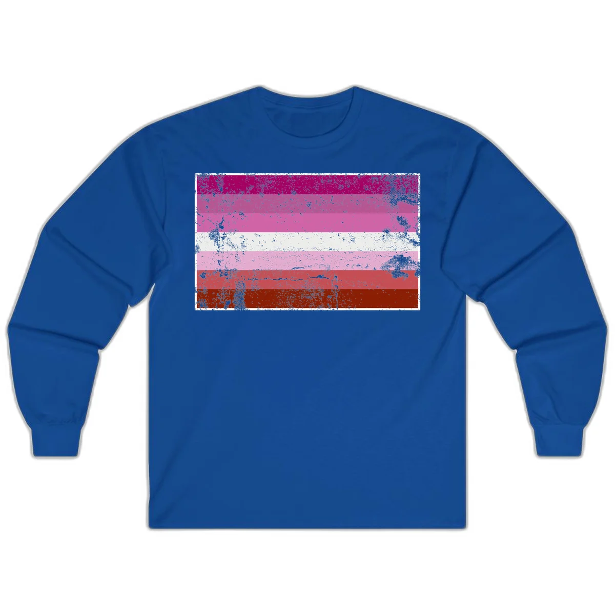 Distressed lesbian pride flag with seven horizontal stripes in magenta, pink, white, and red tones with grunge texture overlay in Royal