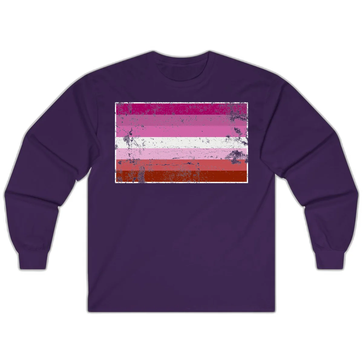 Distressed lesbian pride flag with seven horizontal stripes in magenta, pink, white, and red tones with grunge texture overlay in Purple