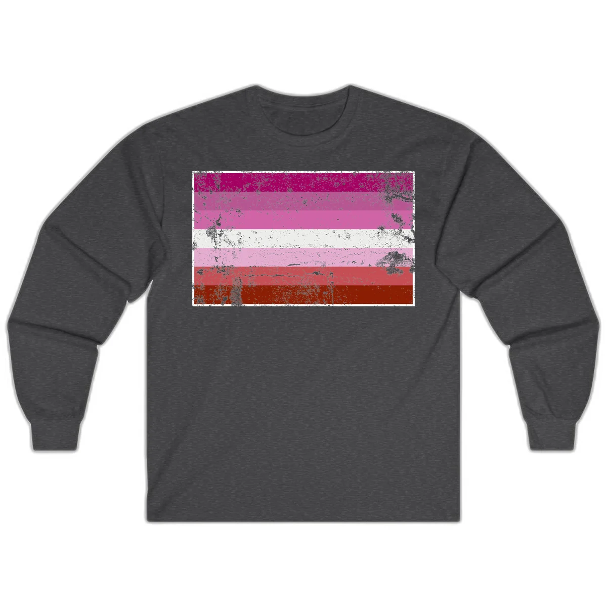 Distressed lesbian pride flag with seven horizontal stripes in magenta, pink, white, and red tones with grunge texture overlay in Dark Heather