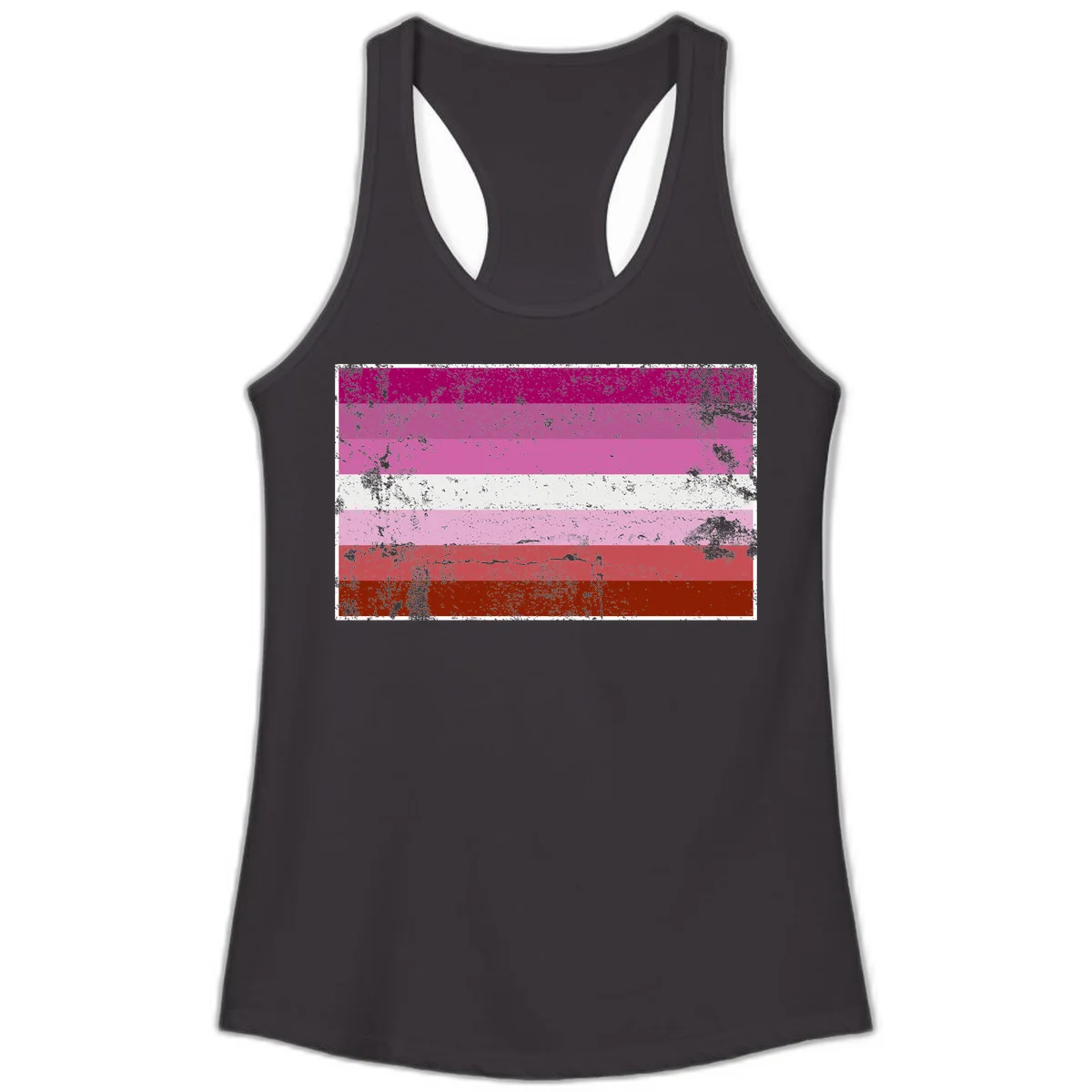 Distressed lesbian pride flag with seven horizontal stripes in magenta, pink, white, and red tones with grunge texture overlay in Black