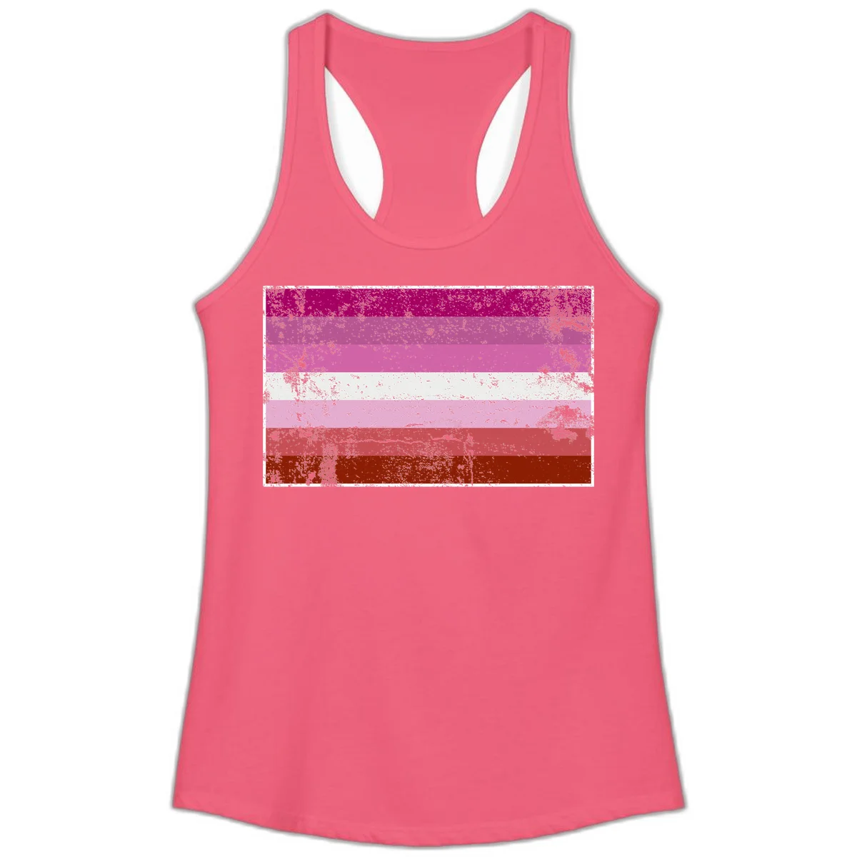 Distressed lesbian pride flag with seven horizontal stripes in magenta, pink, white, and red tones with grunge texture overlay in Hot Pink