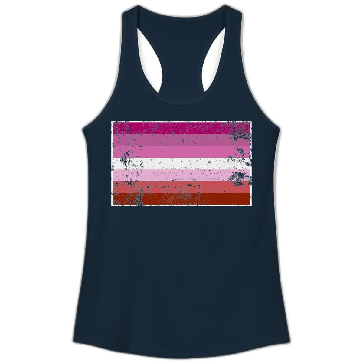 Distressed lesbian pride flag with seven horizontal stripes in magenta, pink, white, and red tones with grunge texture overlay in Solid Midnight Navy