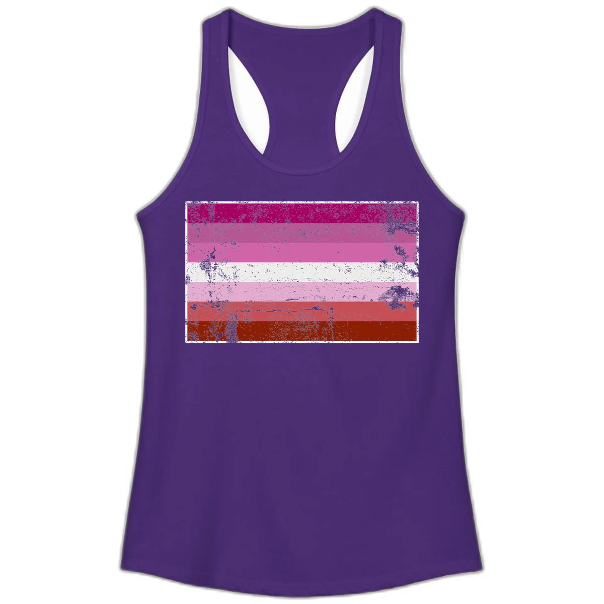 Distressed lesbian pride flag with seven horizontal stripes in magenta, pink, white, and red tones with grunge texture overlay in Solid Purple Rush
