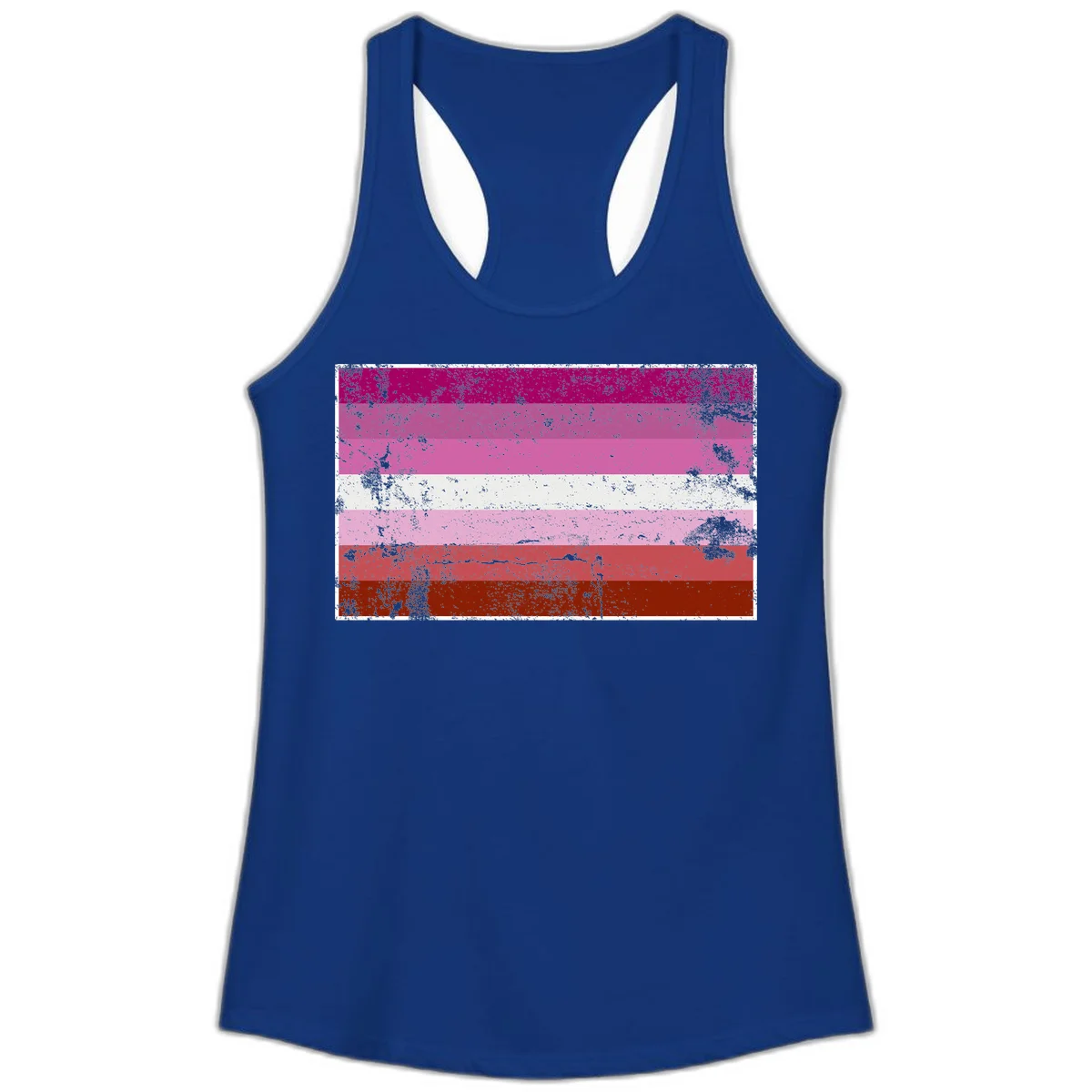 Distressed lesbian pride flag with seven horizontal stripes in magenta, pink, white, and red tones with grunge texture overlay in Solid Royal
