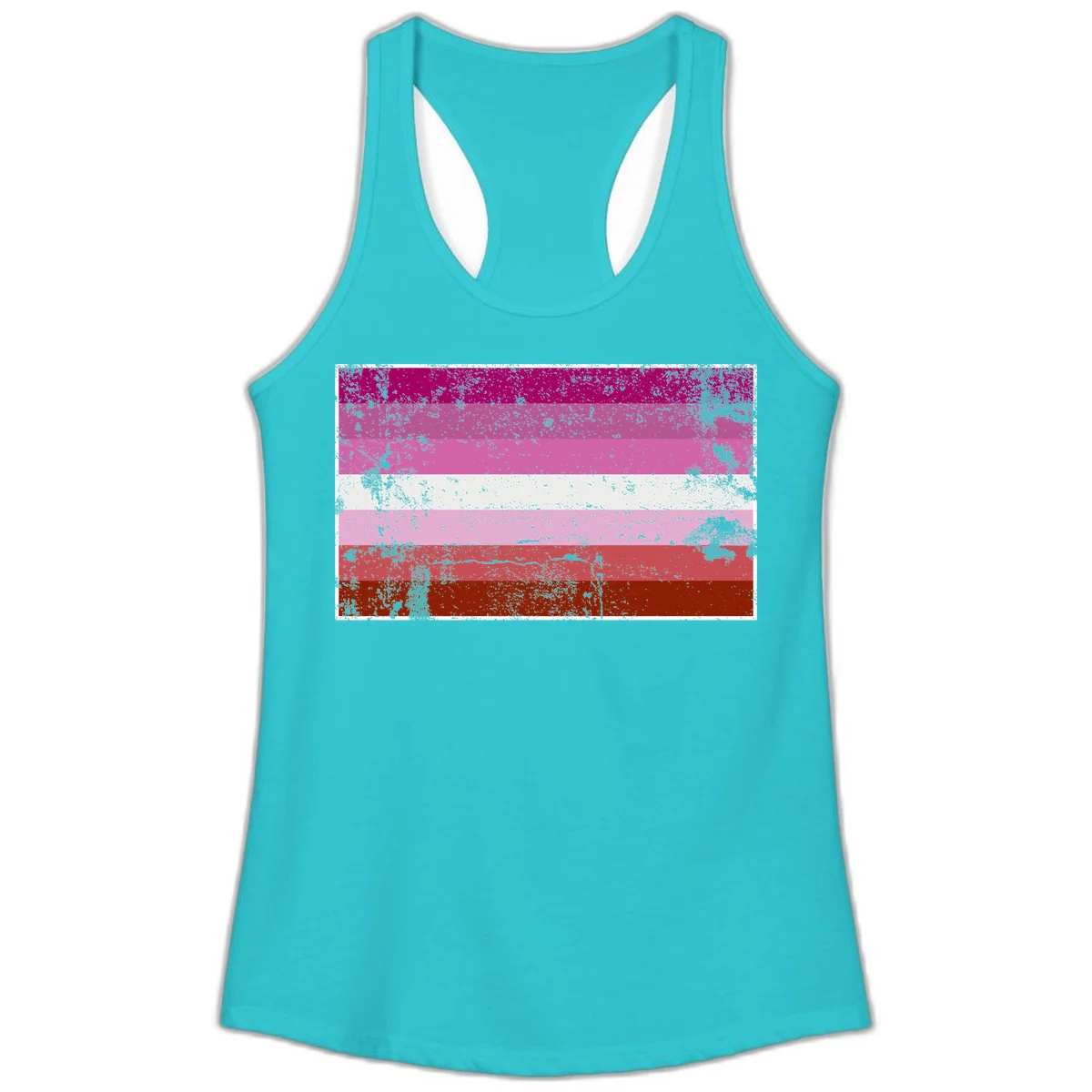 Distressed lesbian pride flag with seven horizontal stripes in magenta, pink, white, and red tones with grunge texture overlay in Solid Tahiti Blue
