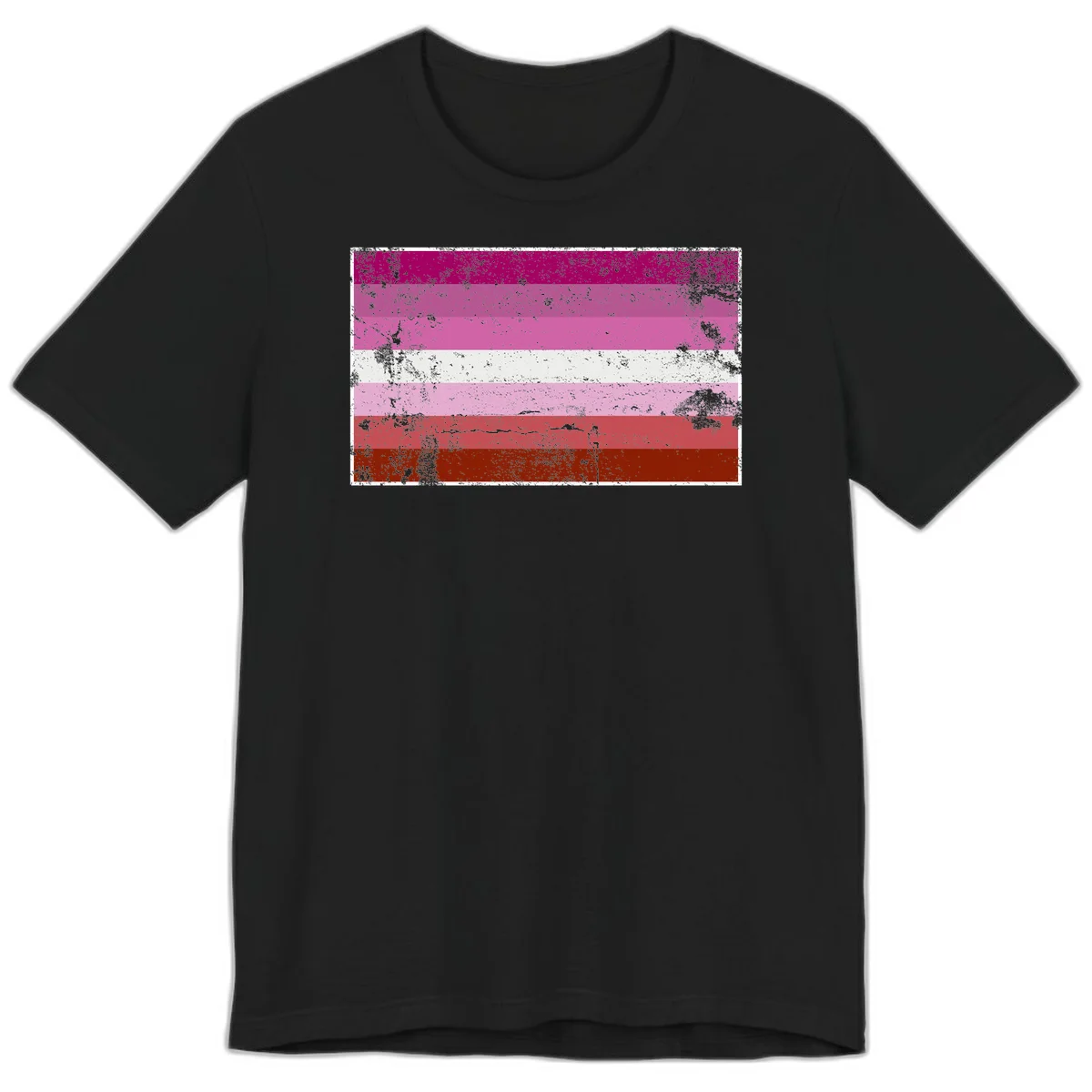 Distressed lesbian pride flag with seven horizontal stripes in magenta, pink, white, and red tones with grunge texture overlay in Black