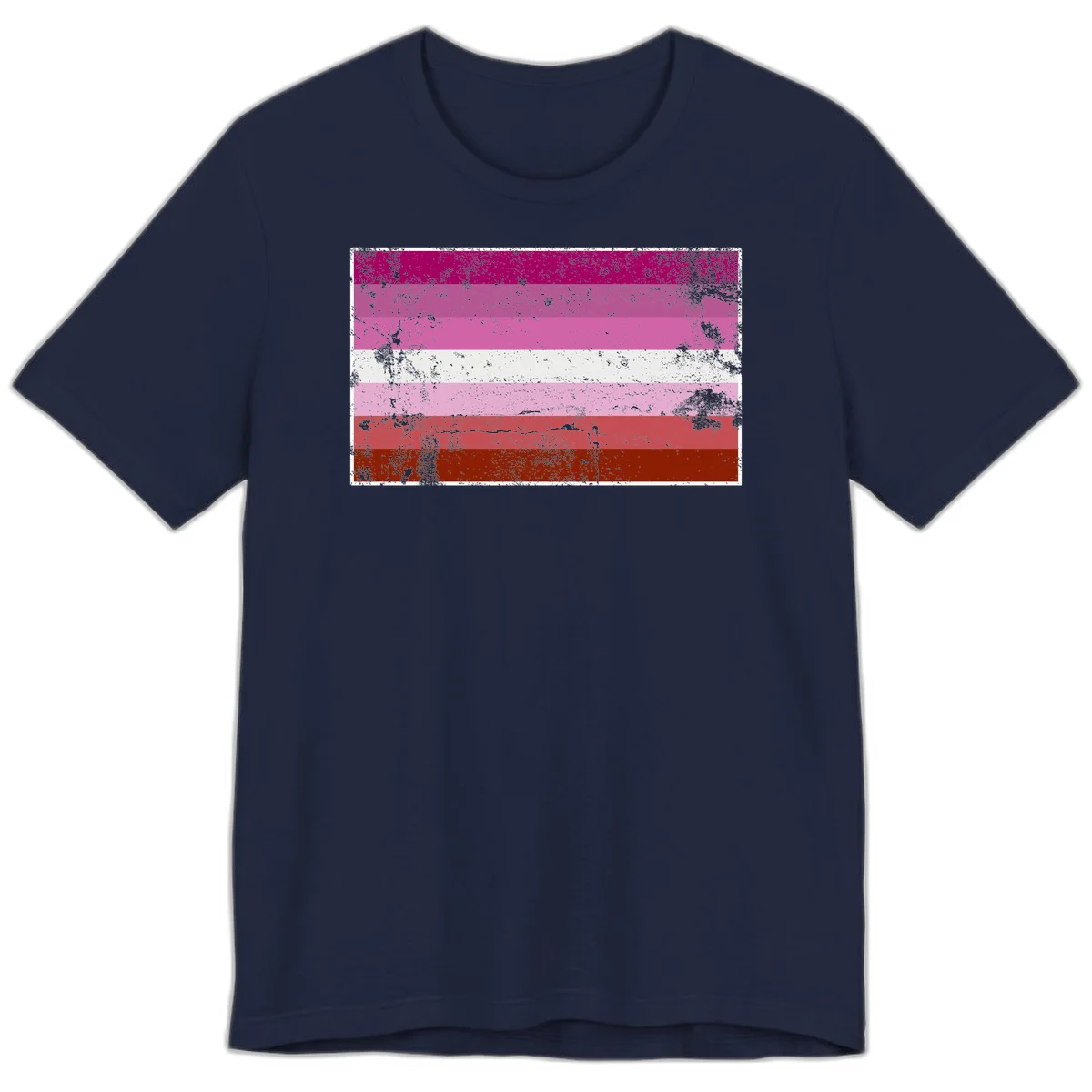 Distressed lesbian pride flag with seven horizontal stripes in magenta, pink, white, and red tones with grunge texture overlay in Navy