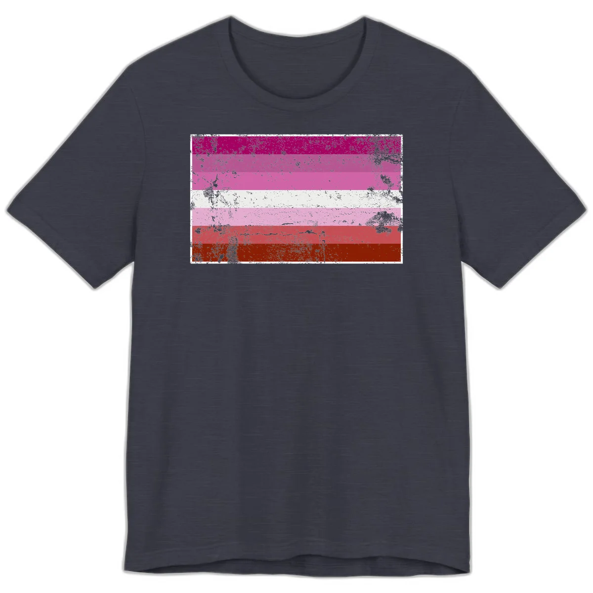 Distressed lesbian pride flag with seven horizontal stripes in magenta, pink, white, and red tones with grunge texture overlay in Heather Midnight Navy