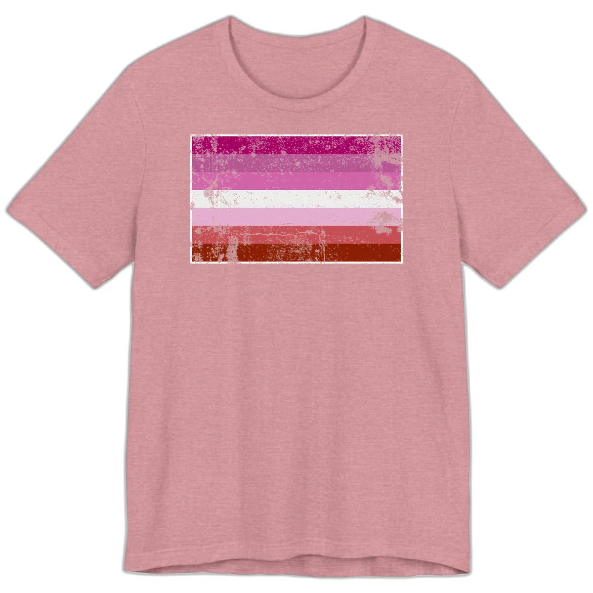 Distressed lesbian pride flag with seven horizontal stripes in magenta, pink, white, and red tones with grunge texture overlay in Heather Orchid