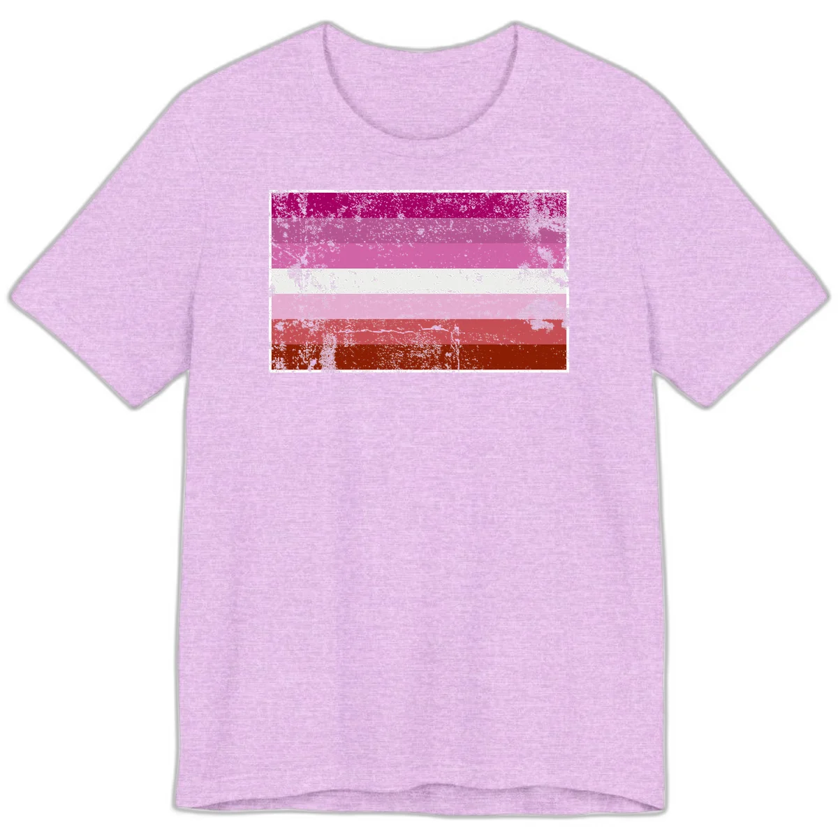 Distressed lesbian pride flag with seven horizontal stripes in magenta, pink, white, and red tones with grunge texture overlay in Heather Prism Lilac