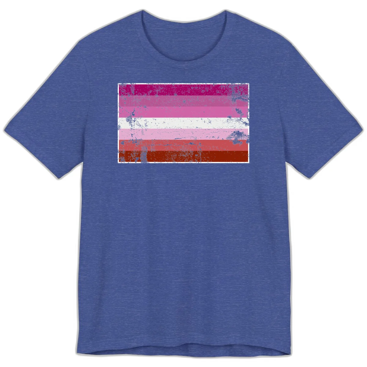 Distressed lesbian pride flag with seven horizontal stripes in magenta, pink, white, and red tones with grunge texture overlay in Heather True Royal