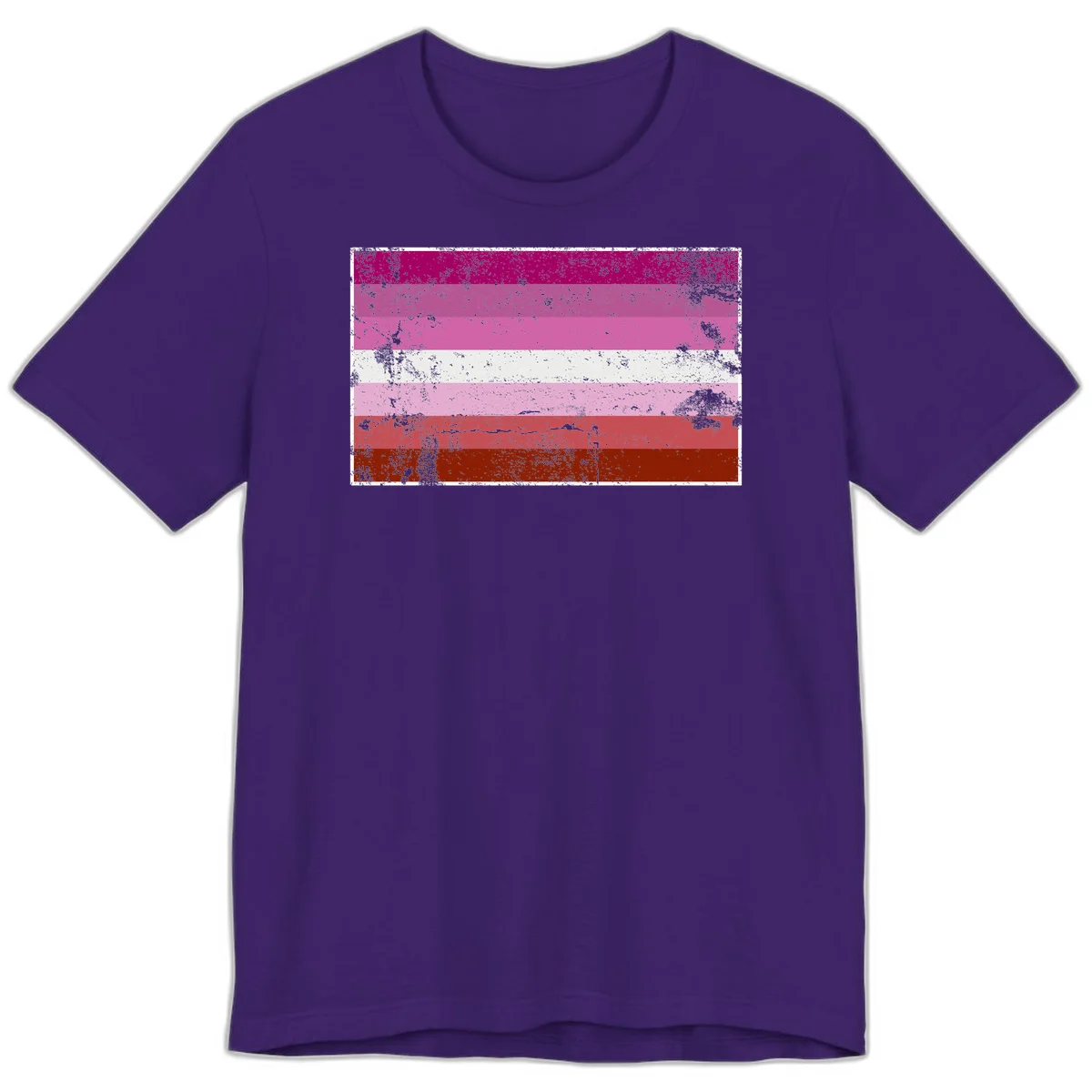 Distressed lesbian pride flag with seven horizontal stripes in magenta, pink, white, and red tones with grunge texture overlay in Team Purple