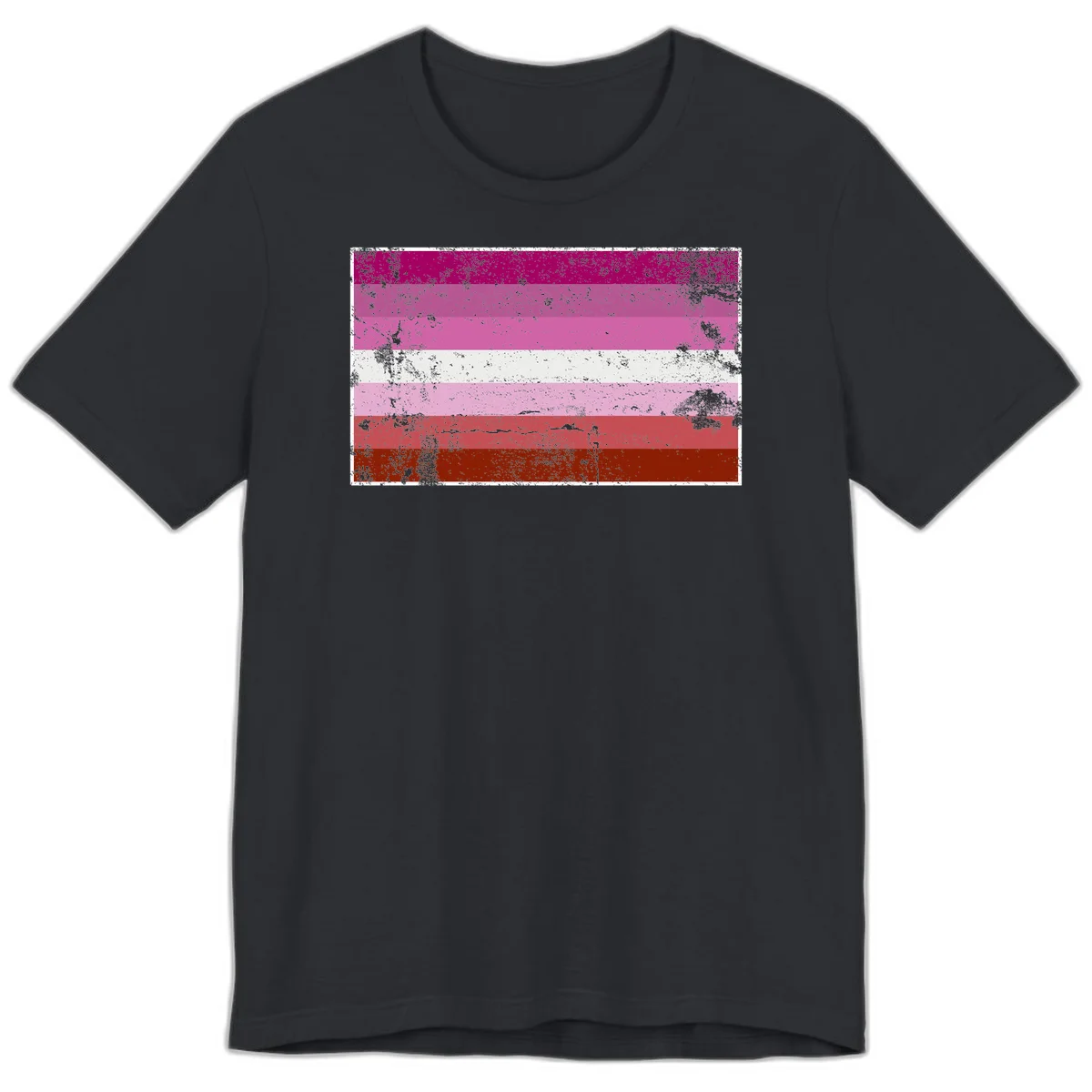 Distressed lesbian pride flag with seven horizontal stripes in magenta, pink, white, and red tones with grunge texture overlay in Vintage Black