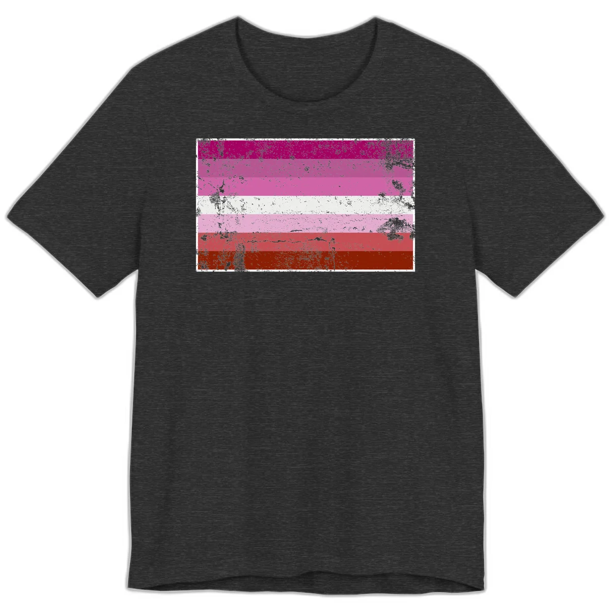 Distressed lesbian pride flag with seven horizontal stripes in magenta, pink, white, and red tones with grunge texture overlay in Dark Grey Heather