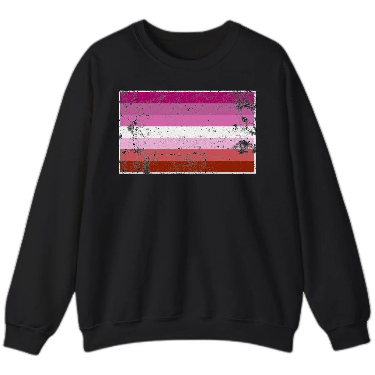 Distressed lesbian pride flag with seven horizontal stripes in magenta, pink, white, and red tones with grunge texture overlay in Black
