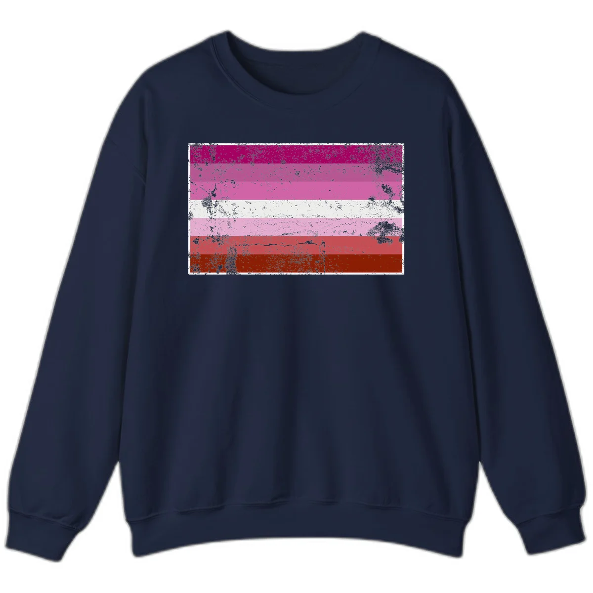 Distressed lesbian pride flag with seven horizontal stripes in magenta, pink, white, and red tones with grunge texture overlay in Navy